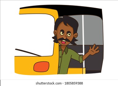 Vector cartoon illustration. Auto driver is waving hand from the auto. Isolated on white background.