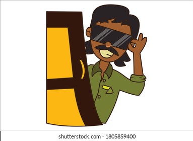 Vector cartoon illustration. Auto driver is looking from the door and wearing sunglasses. Isolated on white background.
