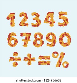 Vector cartoon illustration of Autumn font. Yellow leaves of numbers. Autumnal fallen leaves on white background. Percent sign plus or minus is equal on dark background.