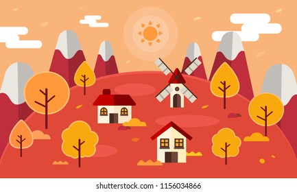 Vector cartoon illustration. Autumn landscape background with autumn leaves, flat style. Autumn season
