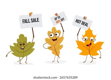 Ilustración de dibujos animados de Vector con personajes de hojas de otoño con signos de descuento. Estilo plano, colores brillantes de temporada