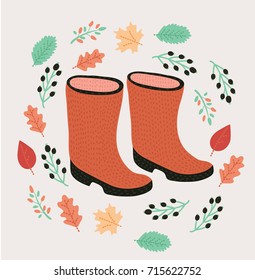 Vector cartoon illustration of autumn moods. Falling leaves decorated rubber boots. Print for inscription for greeting invitation card or print, poster design