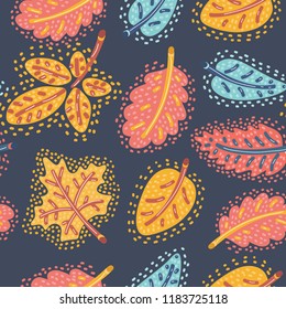 Vector cartoon illustration of autumn seamless pattern with falling colorful maple leaves on dark background. Nice seasonal fall texture for textile, wrapping paper, cover, wallpaper in modern style.