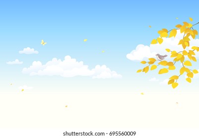 Vector cartoon illustration of an autumn sky background with falling leaves and fluffy clouds