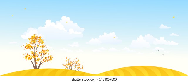 Vector cartoon illustration of autumn yellow fields, trees and blue sky, panoramic banner