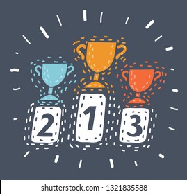 Vector cartoon illustration of award trophy. First, second, thrid place. Gold, silver, bronze cup. Dark bakcground.