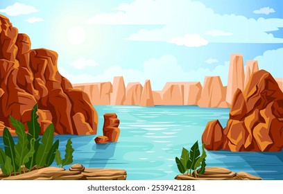 Vector cartoon illustration with azure lake, rocky mountains, green plants on stone and blue sky with clouds. Canyon landscape with water.