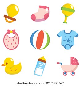 Vector  cartoon illustration of baby cloths and toys set.  Individually on a white background.