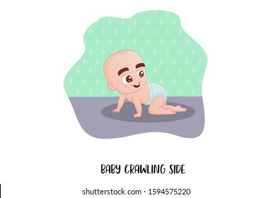 Vector cartoon illustration of baby crawling side. Isolated on white background.