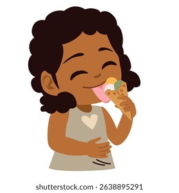 Vector cartoon illustration of a baby girl happily licking ice cream. Drawing for summer, children and dessert-related themes
