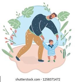 Vector cartoon illustration cartoon illustration of Baby taking first steps with fathers help.