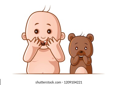 Vector cartoon illustration of baby and teddy bear shocking expressions. Isolated on white background.