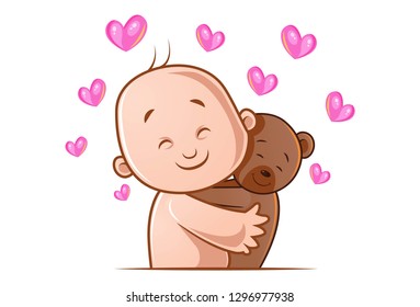 Vector cartoon illustration of baby and teddy bear hugging each other. Isolated on white background.