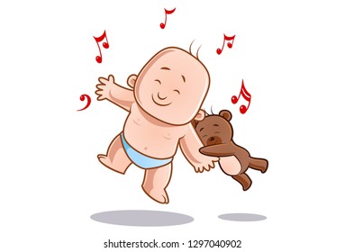 Vector cartoon illustration of  baby and teddy bear dancing. Isolated on white background.