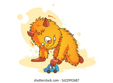 Vector cartoon illustration of babyoster monster playing with toy. Isolated on white background.