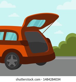 Vector cartoon illustration. Back of a red parked car with open trunk.