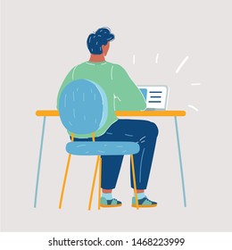 Vector cartoon illustration of Back view man work remote on netbook computer at his desk. Human character on white background.