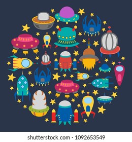 Vector cartoon illustration, background with different colorful alien spaceships. Vector UFO icon. Cute spacecraft, galaxy objects for children book or cover illustration. Cartoon rocket background