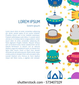 Vector cartoon illustration, background with different colorful alien spaceships. Vector UFO icon. Cute spacecraft, galaxy objects for children book or cover illustration. Cartoon rocket background