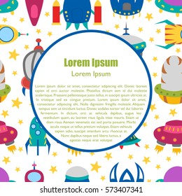 Vector cartoon illustration, background with different colorful alien spaceships. Vector UFO icon. Cute spacecraft, galaxy objects for children book or cover illustration. Cartoon rocket background