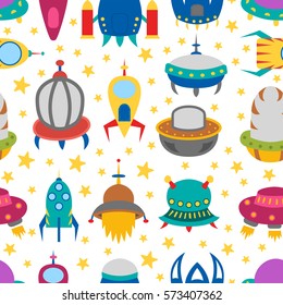 Vector cartoon illustration, background with different colorful alien spaceships. Vector UFO icon. Cute spacecraft, galaxy objects for children book or cover illustration. Cartoon rocket background