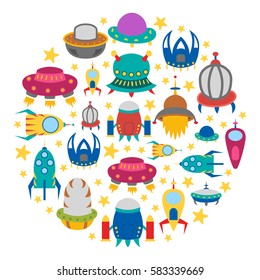 Vector cartoon illustration, background with different colorful alien spaceships. Vector UFO icon. Cute spacecraft, galaxy objects for children book or cover illustration. Cartoon rocket background