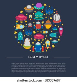 Vector cartoon illustration, background with different colorful alien spaceships. Vector UFO icon. Cute spacecraft, galaxy objects for children book or cover illustration. Cartoon rocket background