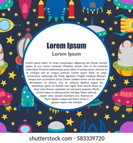 Vector cartoon illustration, background with different colorful alien spaceships. Vector UFO icon. Cute spacecraft, galaxy objects for children book or cover illustration. Cartoon rocket background