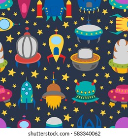 Vector cartoon illustration, background with different colorful alien spaceships. Vector UFO icon. Cute spacecraft, galaxy objects for children book or cover illustration. Cartoon rocket background
