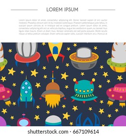Vector cartoon illustration, background with different colorful alien spaceships. Vector UFO icon. Cute spacecraft, galaxy objects for children book or cover illustration. Cartoon rocket background