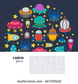 Vector cartoon illustration, background with different colorful alien spaceships. Vector UFO icon. Cute spacecraft, galaxy objects for children book or cover illustration. Cartoon rocket background