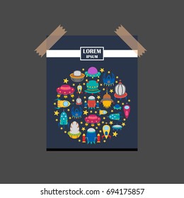 Vector cartoon illustration, background with different colorful alien spaceships. Vector UFO icon. Cute spacecraft, galaxy objects for children book or cover illustration. Cartoon rocket background