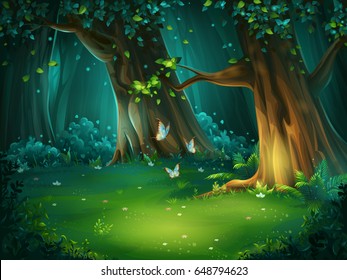 Vector cartoon illustration of background forest glade. Bright wood with butterflies. For design game, websites and mobile phones, printing.