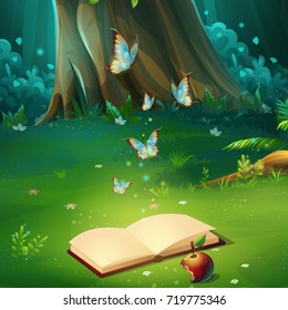 Vector cartoon illustration of background forest glade with book. Bright wood with butterflies, book, apple. For design game, websites and mobile phones, printing.