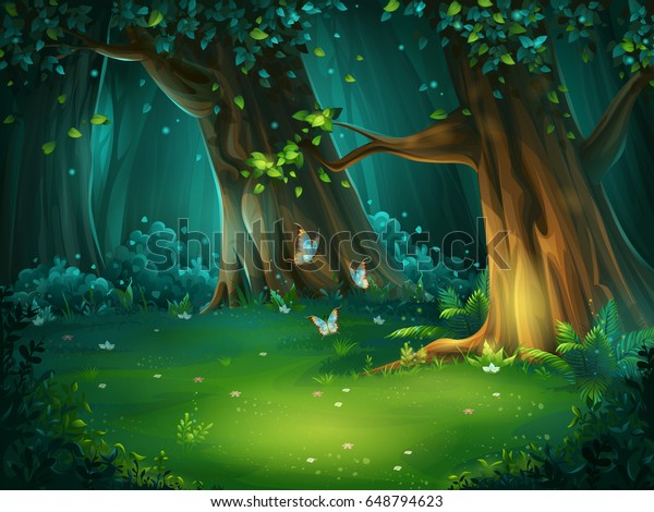 背景森林空地矢量卡通插图 明亮的木材蝴蝶 对于设计游戏 网站和手机 打印 库存矢量图 免版税