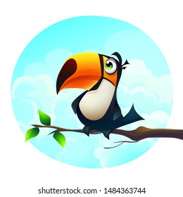 Vector cartoon illustration background of a funny parrot on a branch. Bright background image to create original video or web games, graphic design, screen savers.