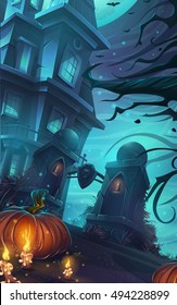 Vector cartoon illustration - background horrible Halloween wall