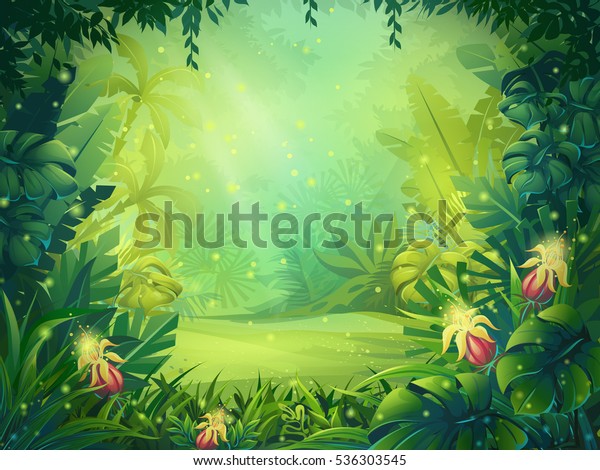 ジャングルの朝の背景にベクター画像のイラスト シダと花を持つ明るいジャングル デザインゲーム ウェブサイト 携帯電話 印刷用 のベクター画像素材 ロイヤリティフリー