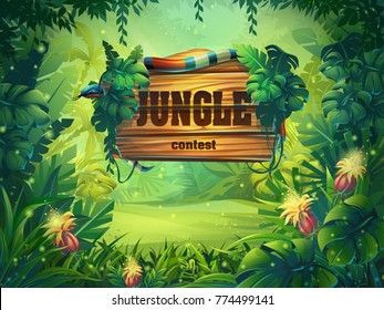 Vector cartoon illustration of background rainforest. Bright thicket with title. For design game, websites and mobile phones, printing.