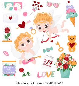 Vector cartoon illustration, background for a wedding, Valentine's day: keys, hearts, cupids, candies, kisses, rings, roses, ice cream, a jar with notes, love messages. A cover or illustration of a ca