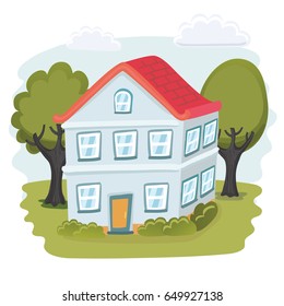 Vector cartoon illustration of backyard scenic view with house and tree on summer background