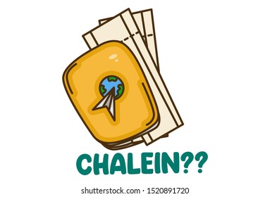Vector cartoon illustration of bag and papers. Chalein hindi text translation - Let's go. Isolated on white background.