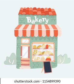 Vector Cartoon Illustration Of Bakery Shop Front View Icon. Bakery Facade On White Background.