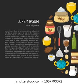 Vector cartoon illustration with baking ingredients. Cooking ingredients background. Vector cartoon kitchen culinary food elements for cooking. Cartoon pastry preparation vector ingredients