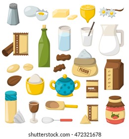 Vector cartoon illustration with baking ingredients. Cooking ingredients icons. Vector cartoon kitchen culinary food elements for cooking. Cartoon pastry preparation vector ingredients