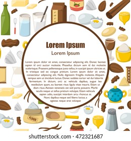 Vector cartoon illustration with baking ingredients. Cooking ingredients background. Vector cartoon kitchen culinary food elements for cooking. Cartoon pastry preparation vector ingredients
