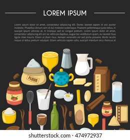 Vector cartoon illustration with baking ingredients. Cooking ingredients background. Vector cartoon kitchen culinary food elements for cooking. Cartoon pastry preparation vector ingredients