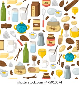 Vector cartoon illustration with baking ingredients. Cooking ingredients background. Vector cartoon kitchen culinary food elements for cooking. Cartoon pastry preparation vector ingredients