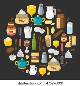 Dibujo de dibujos animados con ingredientes para cocinar. Fondo de cocina. Vector de caricatura de cocina elementos culinarios para la cocina. Preparados para pastelería ingredientes vectoriales