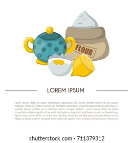 Vector cartoon illustration with baking ingredients. Cooking ingredients background. Vector cartoon kitchen culinary food elements for cooking. Cartoon pastry preparation vector ingredients